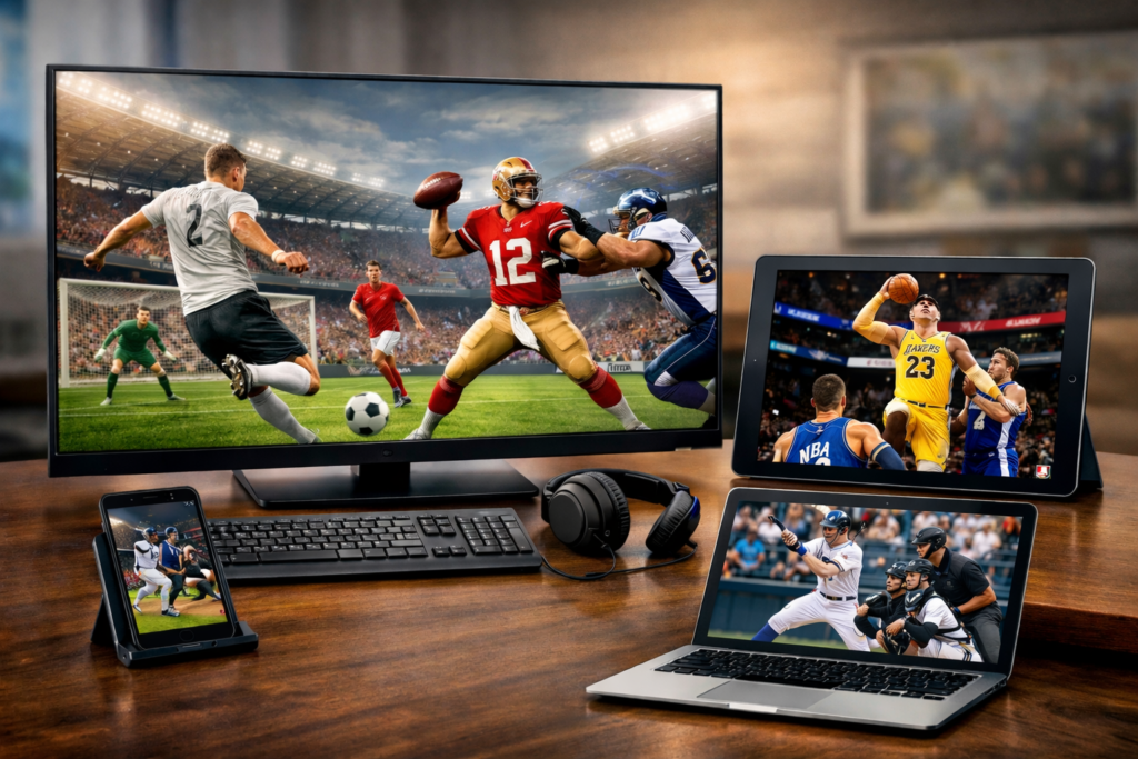 IPTV streaming on multiple devices showing live TV, sports, movies and series on TV, laptop, tablet and smartphone