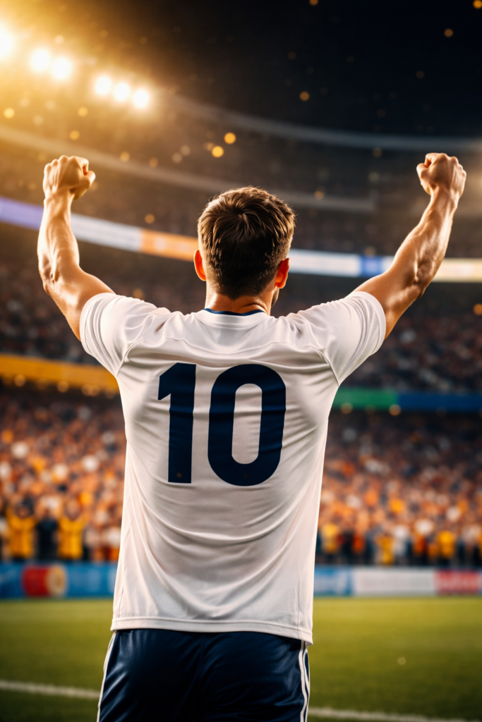 Soccer player seen from behind wearing a white jersey with number 10, raising his arms in celebration inside a stadium