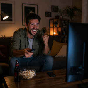 Happy man sitting on a couch watching TV with a remote and snacks in a cozy living room
