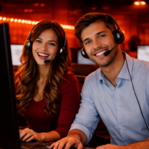 Friendly call center support team wearing headsets assisting IPTV customers in a modern office