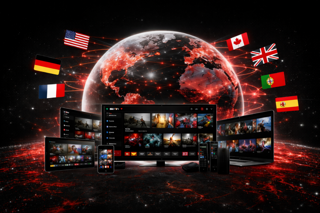 TiviStation IPTV service displayed across multiple devices with a glowing world map and flags representing global access.