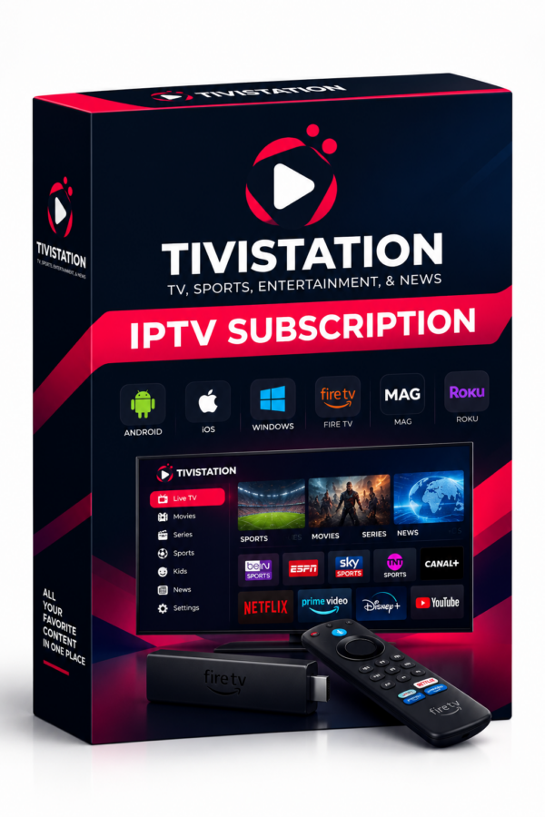 TiviStation IPTV subscription box with device compatibility icons and streaming interface display